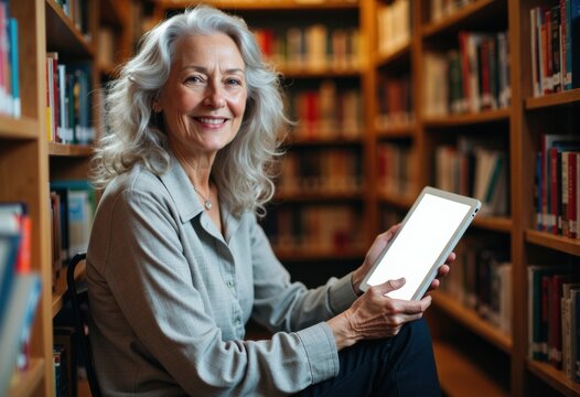 Elderly woman with gray hair using a tablet in a library setting - Powered by Adobe