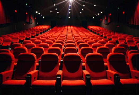 Empty red theater seats in a dark auditorium with stage lighting