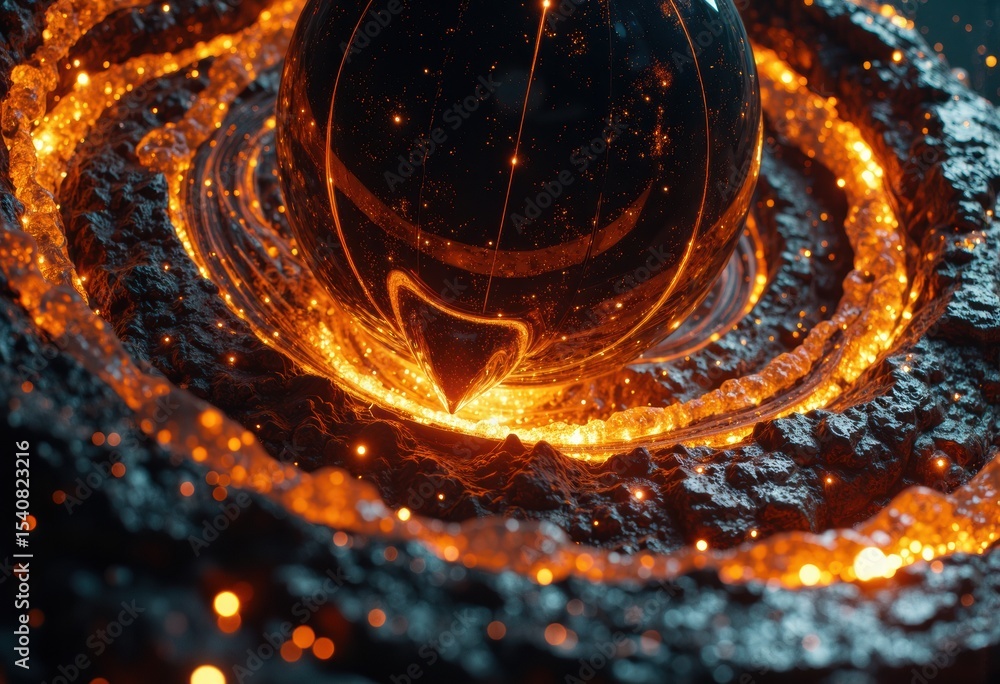 Poster abstract fiery sphere with glowing sparks and swirling patterns in a dark environment