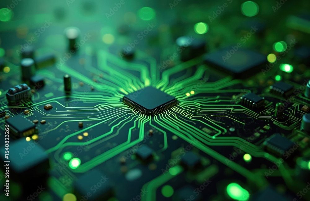 Poster Abstract digital circuit board background with intricate network. Green glowing lines create futuristic tech design. Electronic circuit board design for computer tech, hardware, cyber security, data