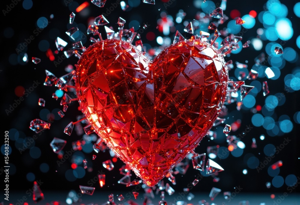 Poster shimmering red heart made of glass with sparkling fragments and bokeh background