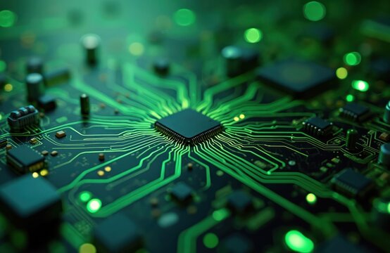 Abstract digital circuit board background with intricate network. Green glowing lines create futuristic tech design. Electronic circuit board design for computer tech, hardware, cyber security, data - Powered by Adobe