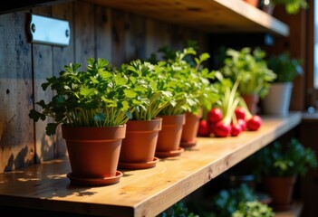 Fresh parsley plants in terracotta pots on a wooden shelf in a garden or greenhouse setting
