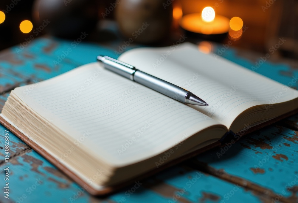 Aufkleber open notebook with a pen resting on it, placed on a rustic wooden table with warm ambient lighting
