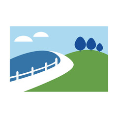 Fototapeta premium Vector landscape of a winding road leading to the city, surrounded by green fields, hills, and a blue sky with fluffy clouds