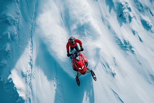 Snowmobiler carving through deep snow high in the mountain peaks during a sunny winter day, Vertical Video Snowmobile high in the mountains aerial view - Powered by Adobe