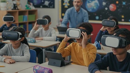 Students experience virtual reality education in modern classroom environment - Powered by Adobe