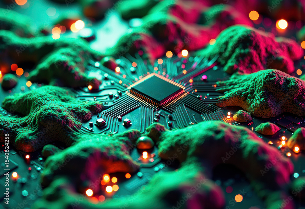 Aufkleber close-up of a microchip on a circuit board with vibrant colorful lighting effects