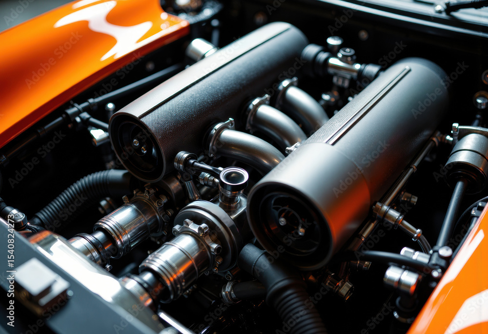 Poster close-up of a high-performance car engine with detailed mechanical components