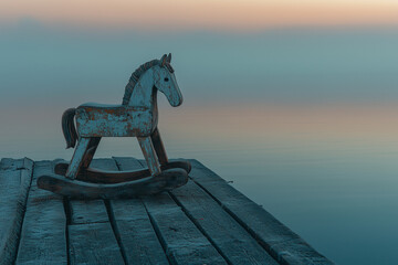 A vintage wooden rocking horse left on a deserted pier at twilight, wooden surface cracked and worn, faint mist on the water, sunset light reflecting off the surface, deep shadows, atmospheric realism