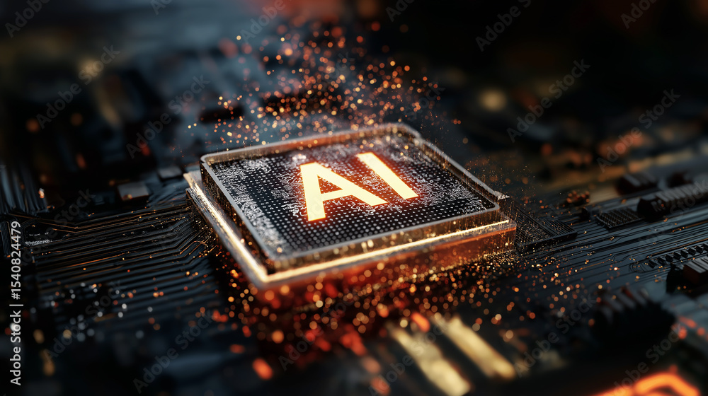 Poster glowing ai processor chip integrated into a dark digital motherboard with orange circuitry.