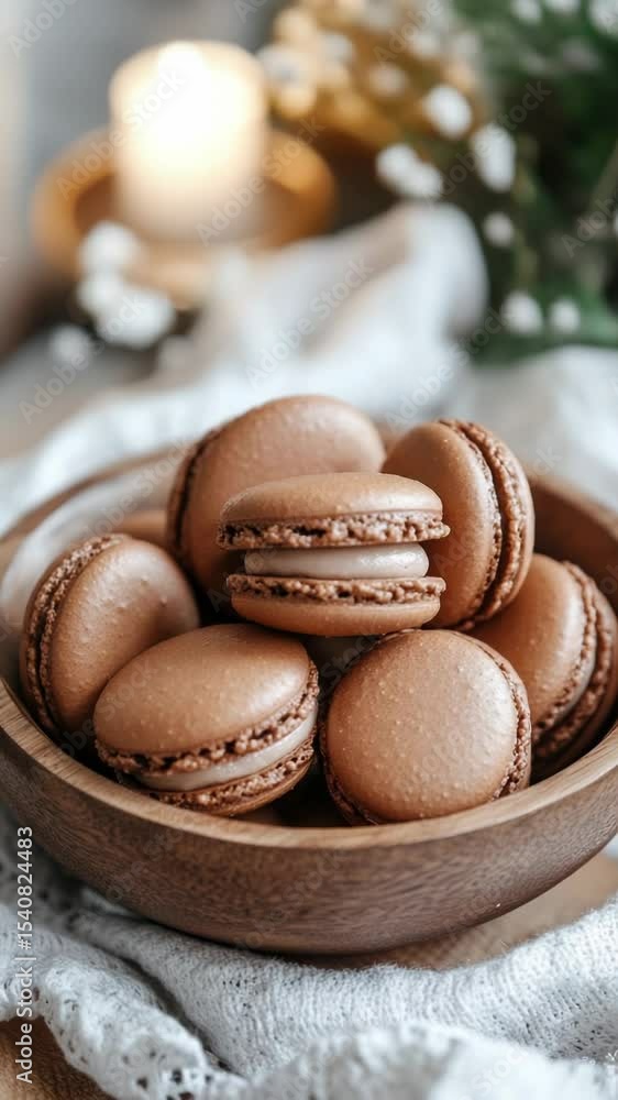 Poster A wooden bowl filled with colorful macarons sitting on a table, perfect for a bakery or cafe display