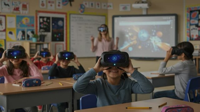 Students immersed in virtual reality learning experience in a classroom setting - Powered by Adobe