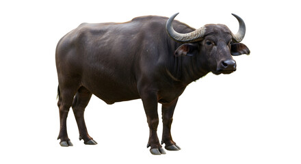 Large Dark Brown Water Buffalo with Curved Horns on Transparent Background