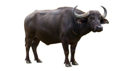 Large Dark Brown Water Buffalo with Curved Horns on Transparent Background