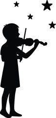 Silhouette girl playing violin under stars vector illustration
