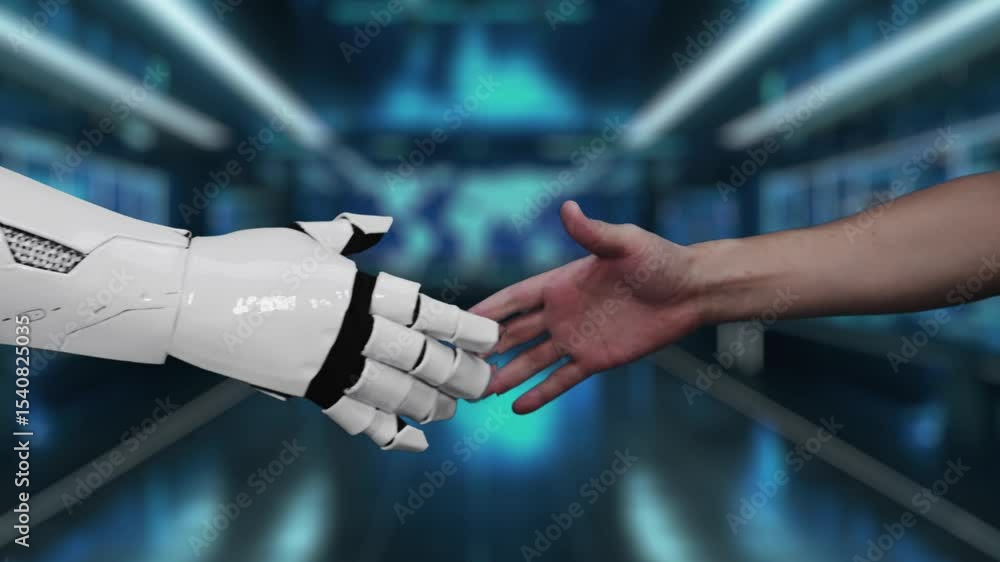 Poster a hand reaches out to interact with floating holographic human figures in a modern business setting,