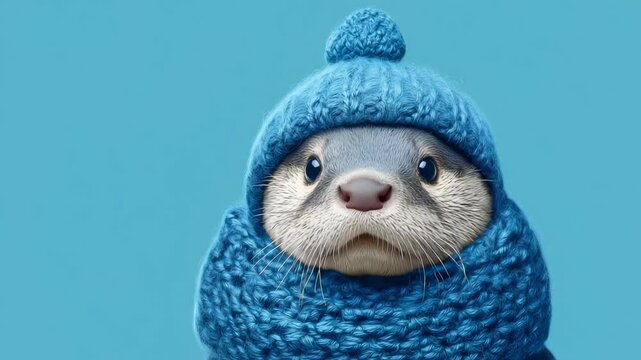 A small otter faces camera wrapped in blue knit hat and matching scarf against pastel backdrop. Concept of adorable warmth and playful fashion.