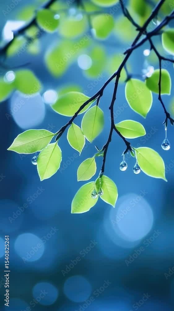 Poster a tree branch with water droplets hanging from it, ideal for use in nature and outdoor themed design