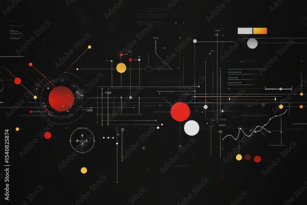 Poster complex data processing diagram with colorful elements on black background, data processing and diag