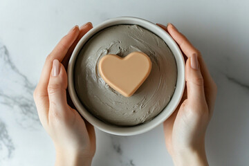 Hands holding a bowl of gray clay with a heart-shaped soap on top, showcasing a relaxing crafting activity in a serene setting