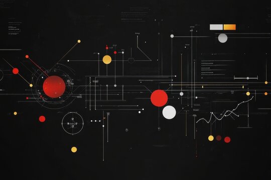 Complex data processing diagram with colorful elements on black background, data processing and diagram on black background - Powered by Adobe