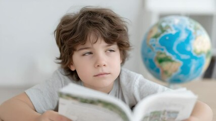 A curious young caucasian boy reads a book while gazing away, globe softly blurred behind him. Concept of childhood wonder and global education.