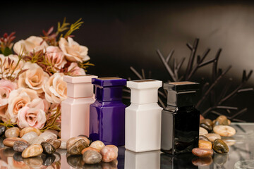 Premium beauty product shoot with vivid colors and golden accents.