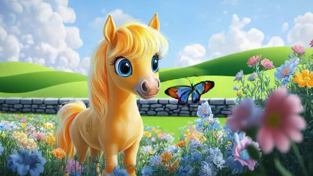 Cute yellow pony in a field of flowers