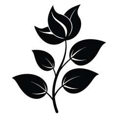 Black and White Floral Silhouette with Stem and Distinct Leaves Illustration