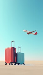 Stylish luggage in vibrant colors sits on a sandy terrain as a plane soars above, capturing the essence of travel and adventure.