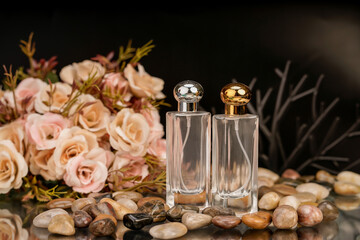 Beauty product concept with perfume bottles, floral arrangement, and natural elements.

