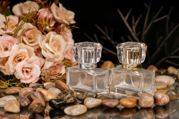 Two clear glass perfume bottles with metallic tops, styled for a luxury branding photo.