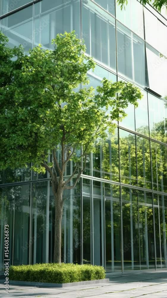 Poster A large glass building with a tree standing out in front, suitable for architectural or nature-inspired themes