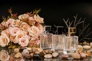 Clear glass perfume containers with metallic lids, perfect for beauty product promotion.