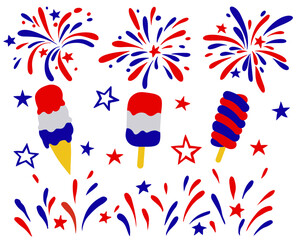 Vector set of fireworks and elements for American Independence Day.