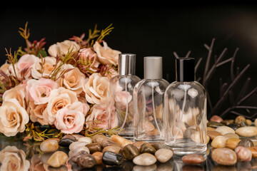 Clear, square glass perfume bottles on a reflective surface with flower decoration.