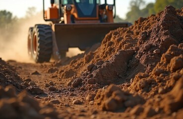 Obraz premium Bulldozer excavates ground at construction site, moving soil. Earthmoving machinery levels land, creates foundation for future building. Heavy equipment work, land clearing, industrial process.