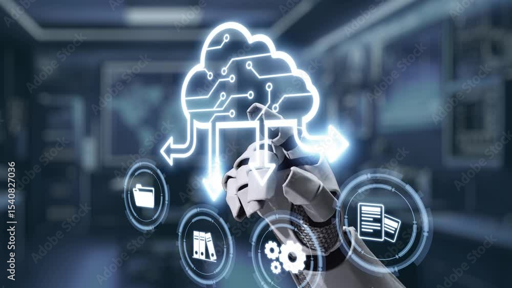 Poster a futuristic robotic arm interacts with digital cloud technology, symbolizing data transfer and auto