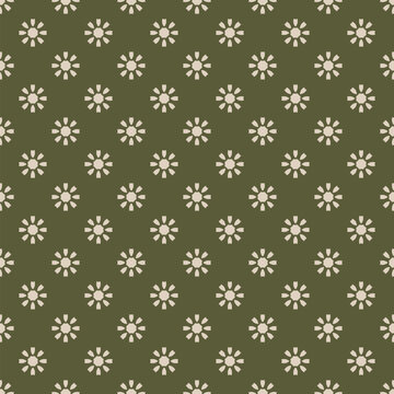 Vector geometric floral seamless pattern. Cute background with small flowers, sun shapes. Retro vintage nostalgic 1960s - 1970s style texture in green and beige color. Repeated decorative geo design