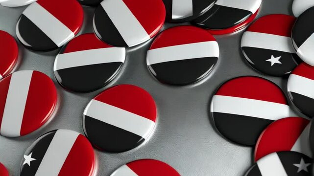 Stacked round pins with a horizontal tricolor design of red, white, and black and a single white star graphic element, close-up