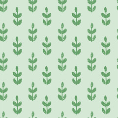 Seamless vector repeat pattern with tiny ditsy leaf block print half drop in soft spring greens with weathered texture. Calming universal background with ditsy abstract botanical shapes. 