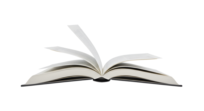 Open Book with White Pages and Black Cover on Transparent Background