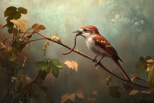 Redbacked shrike captures a worm while perched on a branch surrounded by autumn leaves, Red-backed shrike, Lanius collurio, a bird sitting on a branch eating a worm - Powered by Adobe