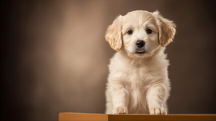 Cute Cream Puppy Speaking at Podium with Microphone