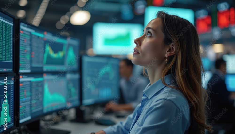 Poster Young businesswoman monitors stock market graphs on multiple computer screens. Female trader working at office looking at financial charts. Investor working in trading room. Finance and economy.