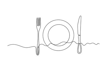 One Line Drawing of Fork, Plate, and Knife – Minimalist Table Setting Art