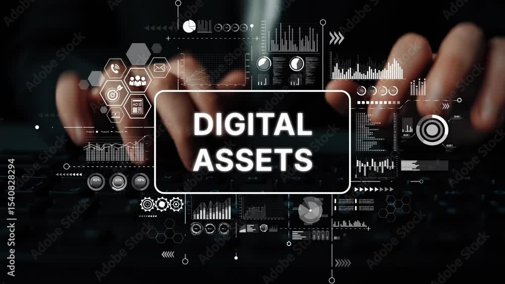 Poster Hands Typing on Keyboard with Digital Assets Interface Showing Charts and Graphs in a Modern Workspace Environment. Asymptotic smart data analytic.