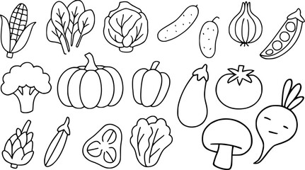 Simple Black and White Line Art Illustration of Various Vegetables