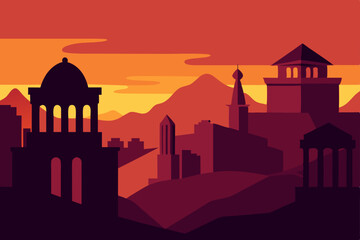 Taj Mahal vector silhouette illustration at sunset with an urban Indian sky